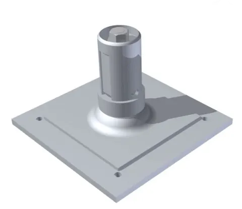 Square scaffold base plate with central cylindrical connection socket.