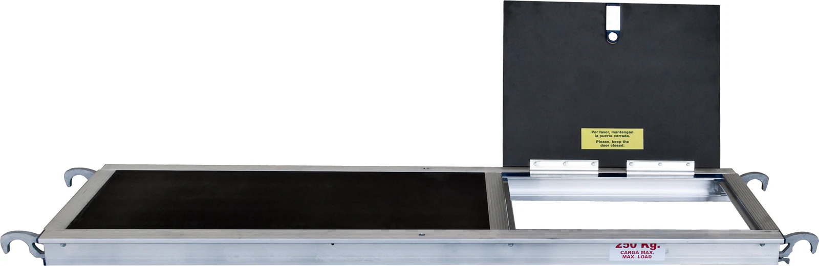 Aluminum scaffold platform with trapdoor opening and hook-style end fittings