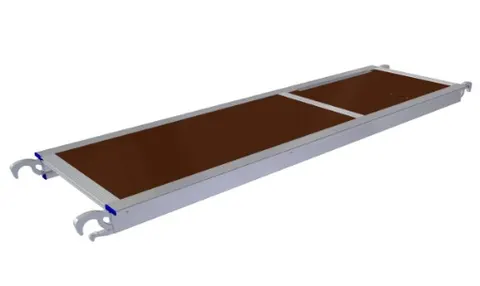 Aluminum-framed scaffold platform deck plank with brown working surface and hook-style end fittings.