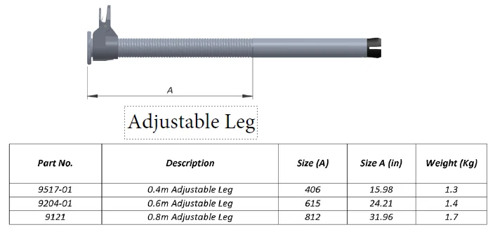 Technical dimensional illustration of 0.6 m Adjustable Scaffold Leg, Part 9204-01