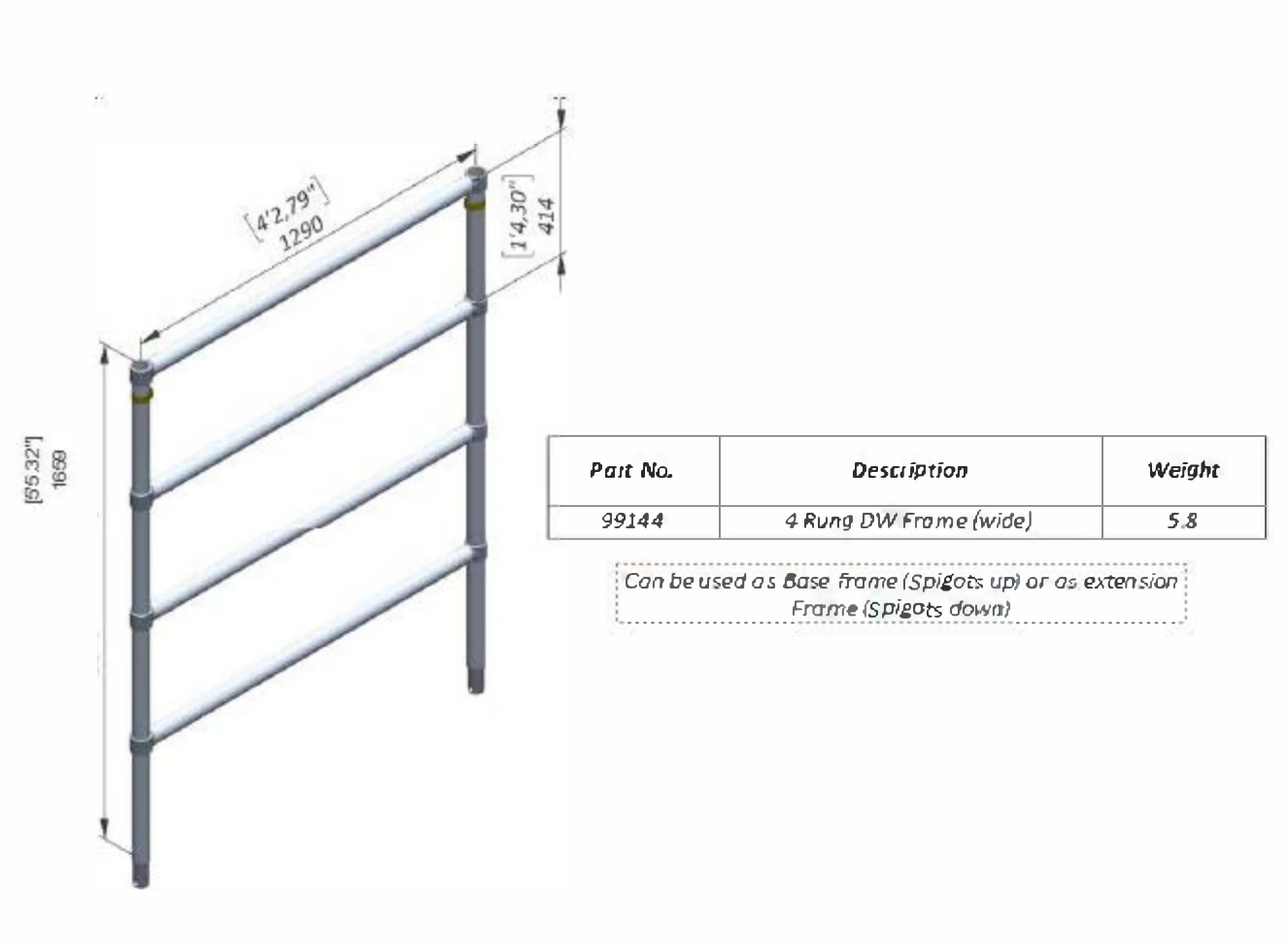 Technical dimensional illustration of Four-Rung Double-Width Scaffold Frame, Part 99144