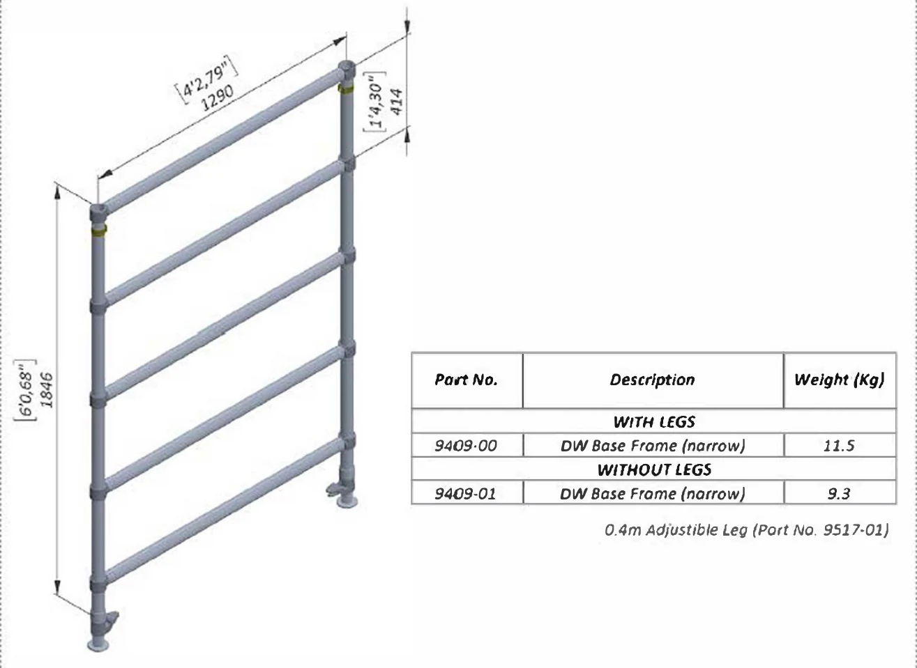 Technical drawing of Double-Width Scaffold Base Frame with Adjustable Legs, Part 9409-00, showing source-supported frame dimensions and product identification