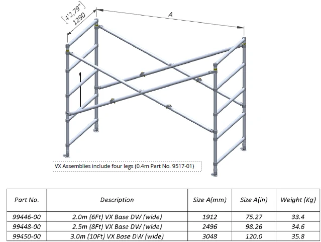 Technical dimensional illustration of 2.0 m Double-Width V-X Folding Base Assembly, Part 99446-00