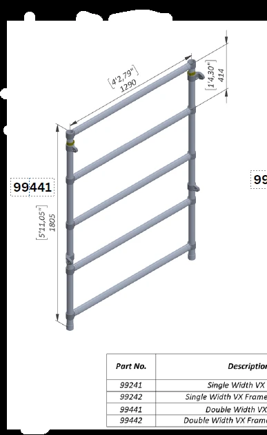 Technical dimensional illustration of Double-Width V-X Replacement Frame, Part 99441