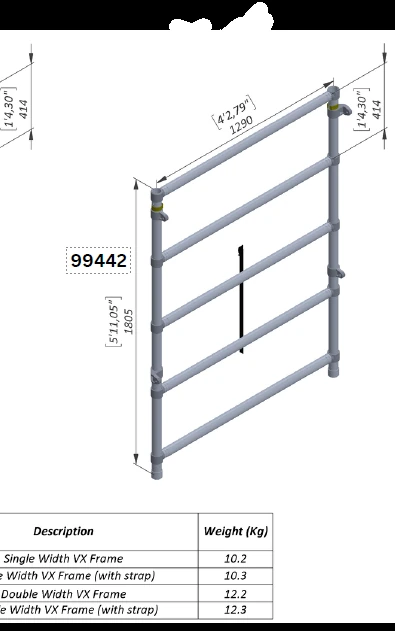 Technical dimensional illustration of Double-Width V-X Replacement Frame with Strap, Part 99442