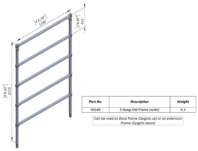 Technical drawing of Five-Rung Double-Width Scaffold Frame, Part 99145, showing source-supported frame dimensions and product identification