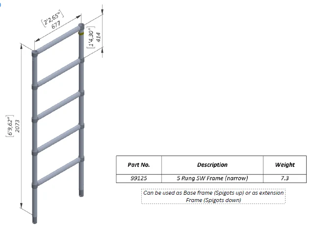 Technical drawing of Five-Rung Single-Width Scaffold Frame, Part 99125, showing source-supported frame dimensions and product identification