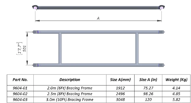 Technical dimensional illustration of 2.0 m Scaffold Bracing Frame, Part 9604-01