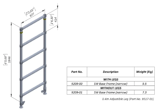Technical drawing of Single-Width Scaffold Base Frame with Adjustable Legs, Part 9209-00, showing source-supported frame dimensions and product identification