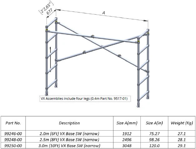 Technical dimensional illustration of 2.0 m Single-Width V-X Folding Base Assembly, Part 99246-00