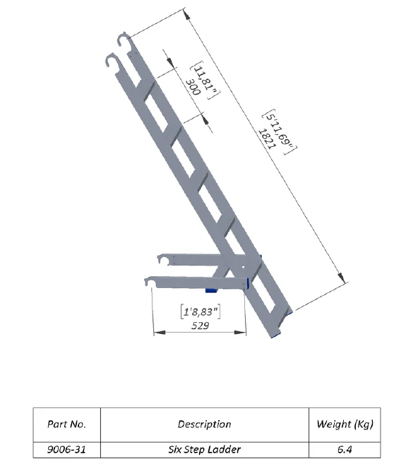 Technical dimensional illustration of Six-Step Inclined Scaffold Ladder, Part 9006-31