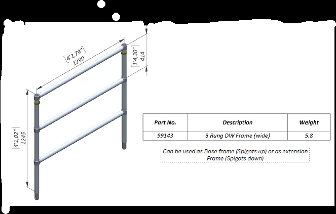 Technical drawing of Three-Rung Double-Width Scaffold Frame, Part 99143, showing source-supported frame dimensions and product identification