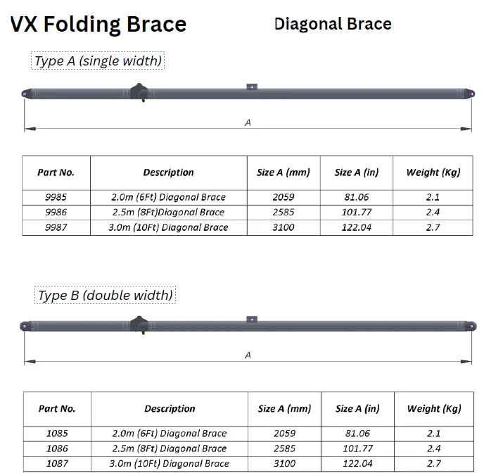Technical dimensional illustration of 2.0 m Type A Single-Width V-X Folding Diagonal Brace, Part 9985