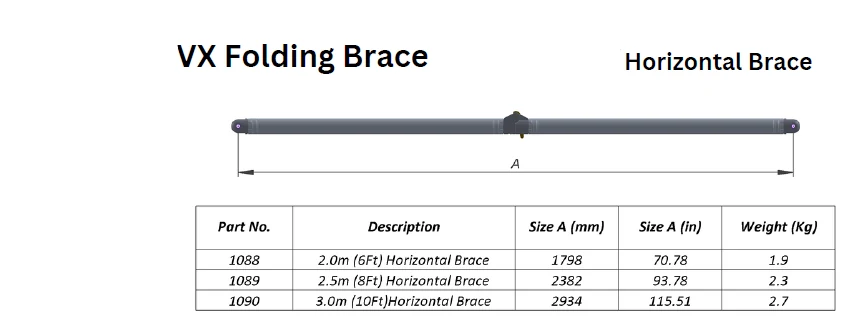Technical dimensional illustration of 2.0 m V-X Folding Horizontal Brace, Part 1088