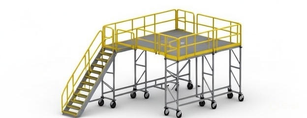 Representative mobile custom access platform with stairs, perimeter guardrails, toe-board edge protection, and an elevated work deck