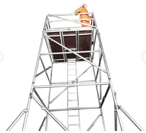 Assembled Instant Snap-Out boiler scaffold with ladder, platforms, guardrails and stabilizers