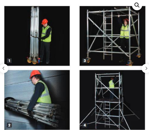 Worker handling folded Instant Snap-Out scaffold modules and standing within assembled configurations