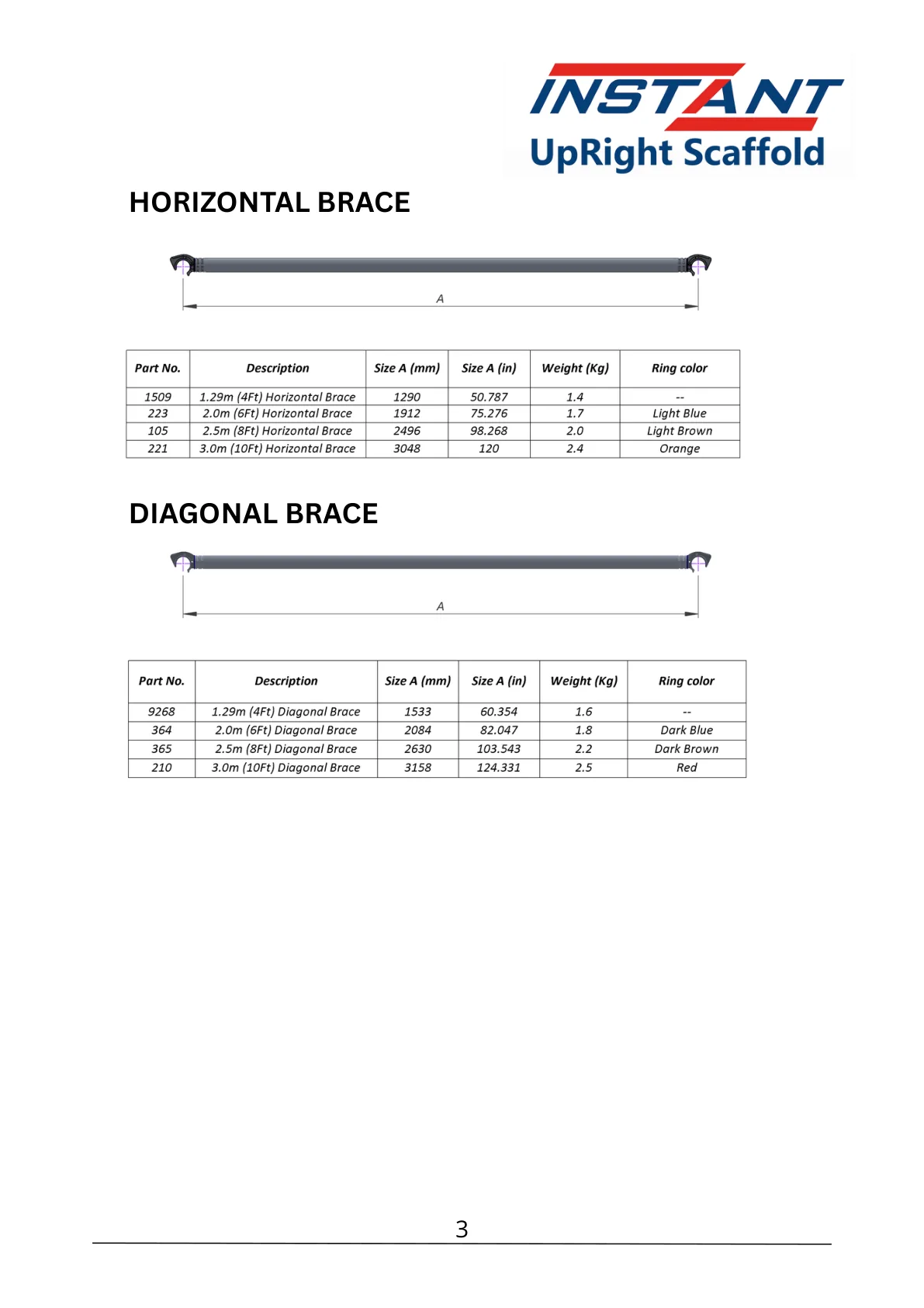 SPAN 400 technical data-sheet page 3 showing 1.29 m Horizontal Brace, Part 1509