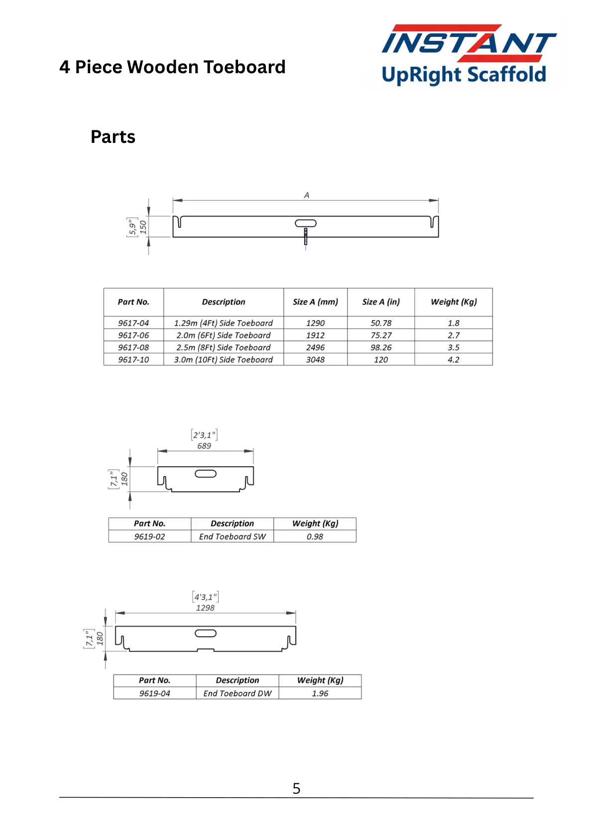 SPAN 400 technical data-sheet page 5 showing 1.29 m Side Toe Board, Part 9617-04