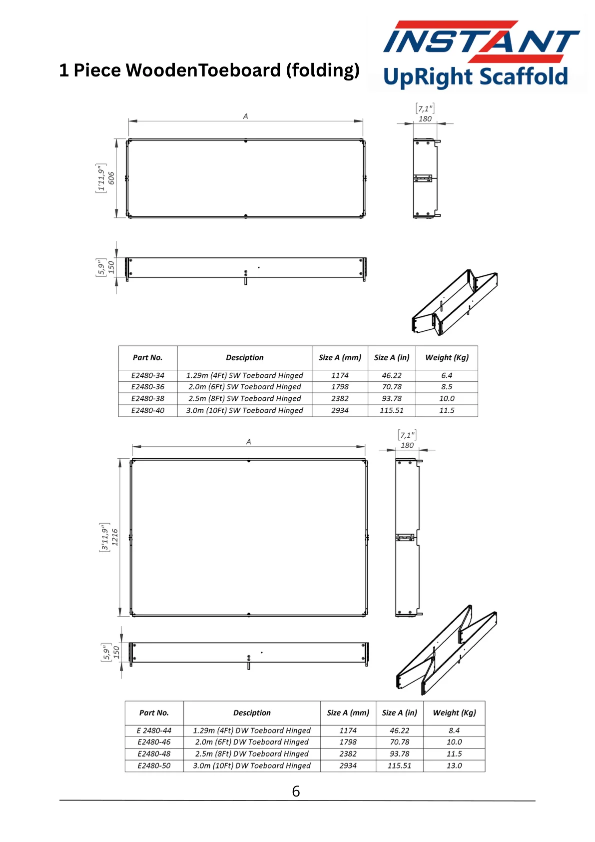 SPAN 400 technical data-sheet page 6 showing 1.29 m Single-Width Hinged Toe Board, Part E2480-34