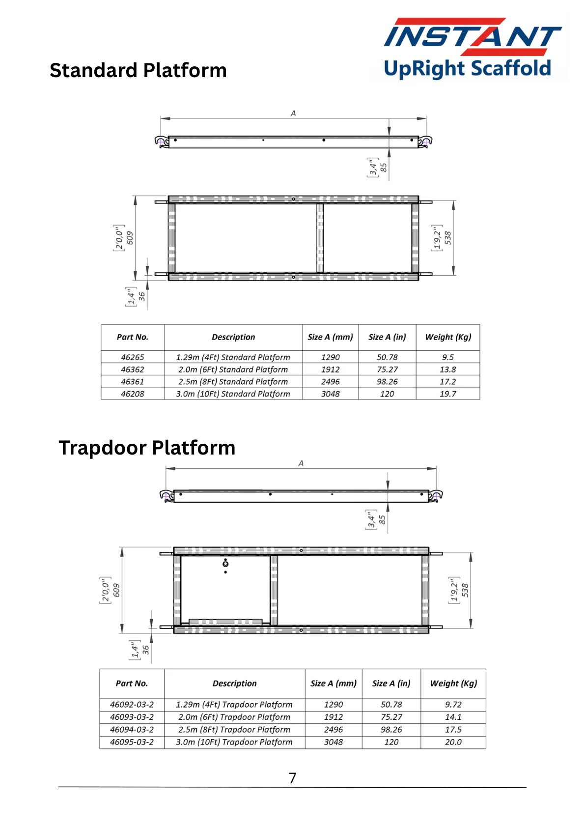 SPAN 400 technical data-sheet page 7 showing 1.29 m Standard Platform, Part 46265