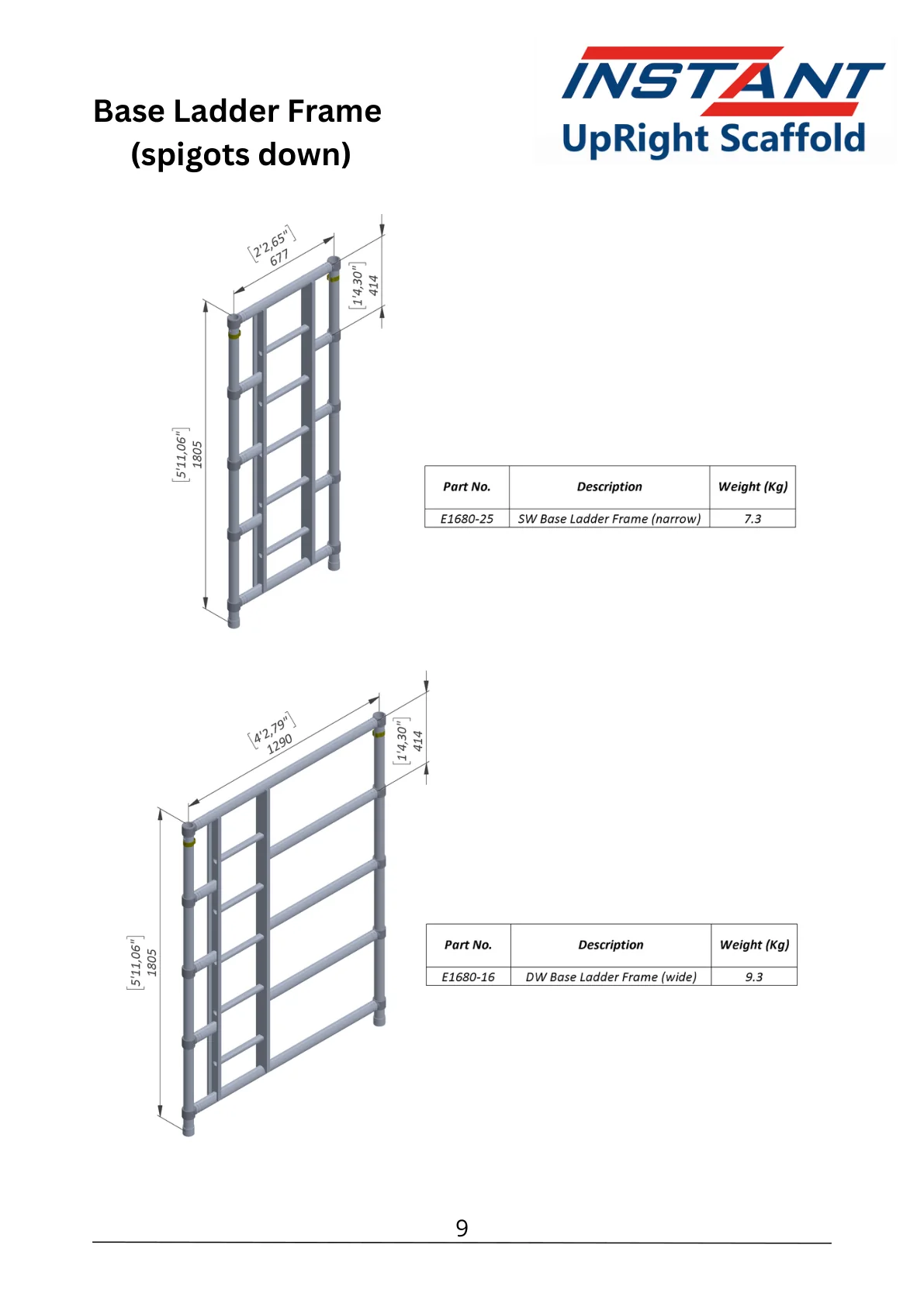 SPAN 400 technical data-sheet page 9 showing Single-Width Base Ladder Frame, Part E1680-25