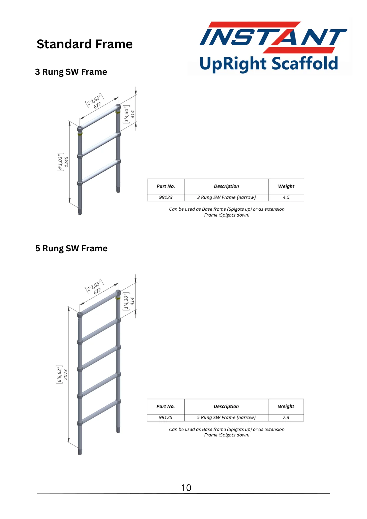 SPAN 400 technical data-sheet page 10 showing Three-Rung Single-Width Scaffold Frame, Part 99123