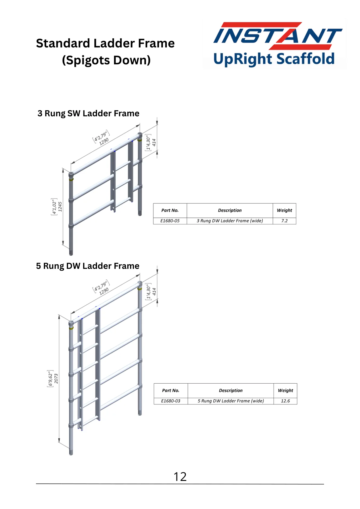 SPAN 400 technical data-sheet page 12 showing Three-Rung Ladder Frame, Part E1680-05