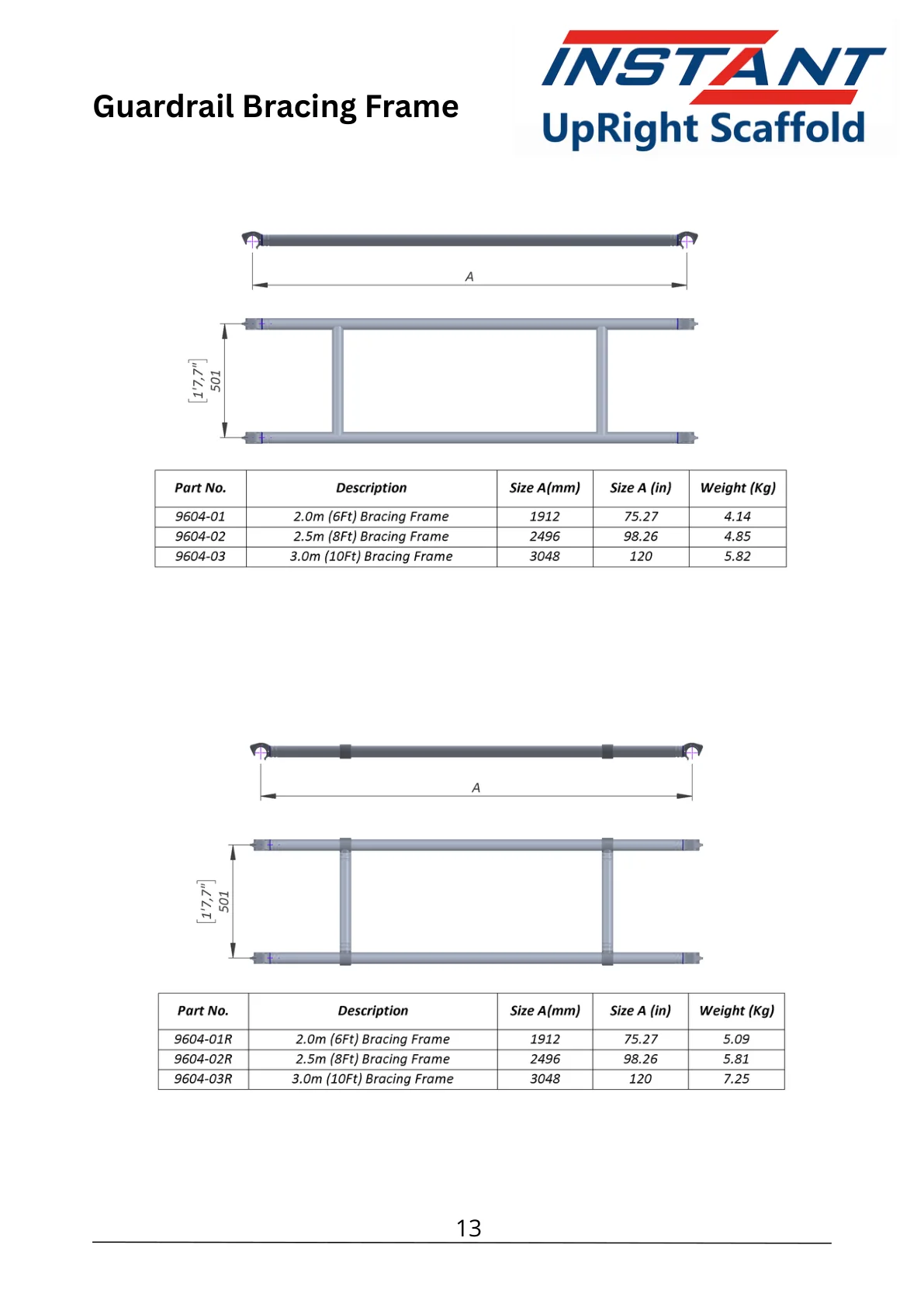 SPAN 400 technical data-sheet page 13 showing 2.0 m Reinforced Bracing Frame, Part 9604-01R