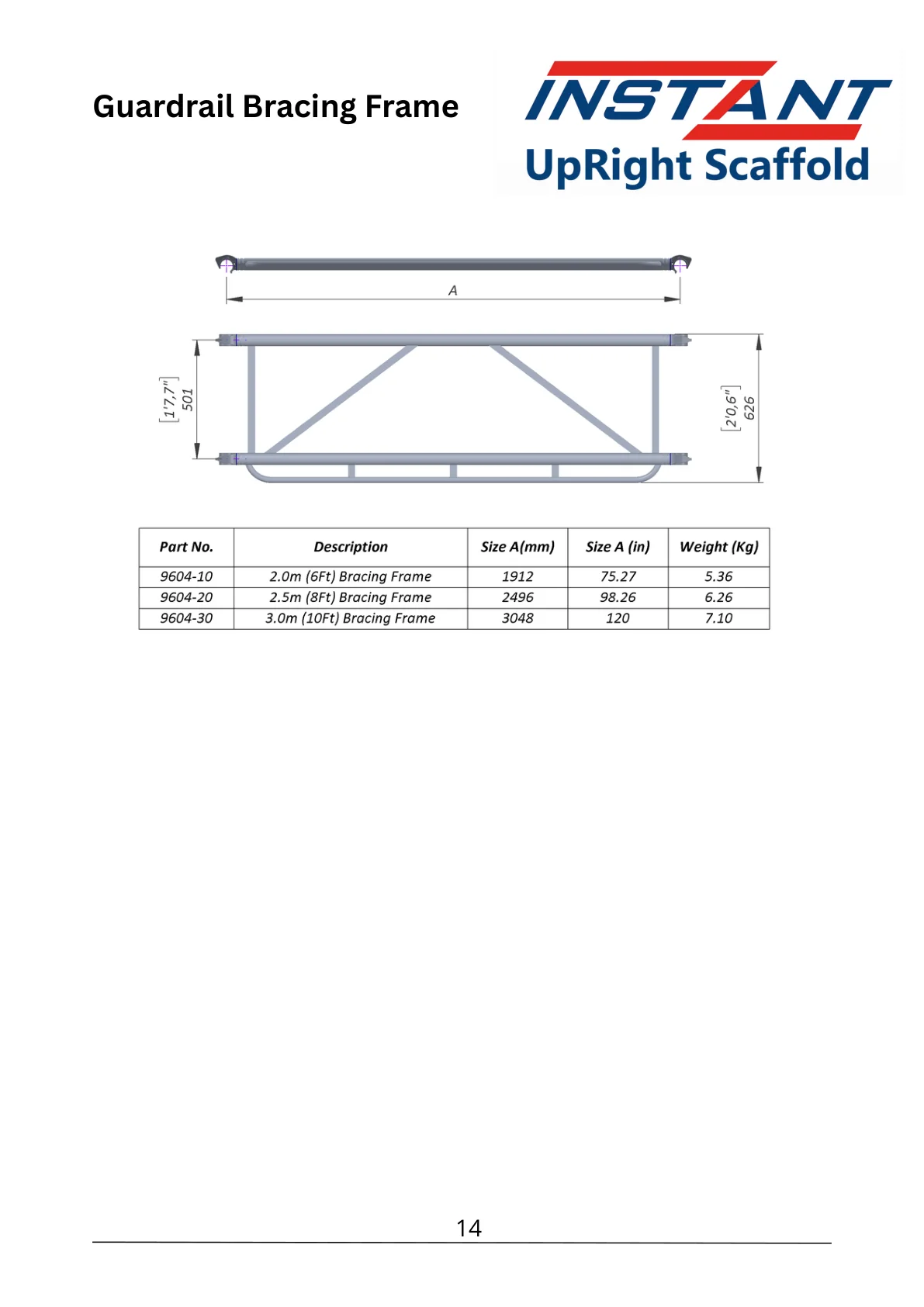 SPAN 400 technical data-sheet page 14 showing 2.0 m Additional Bracing Frame, Part 9604-10