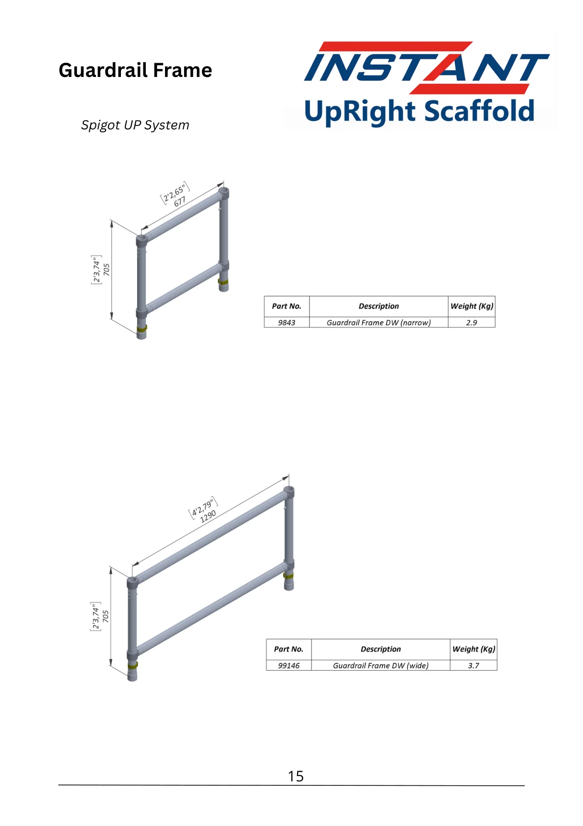SPAN 400 technical data-sheet page 15 showing Spigot-Up Guardrail Frame, Part 9843