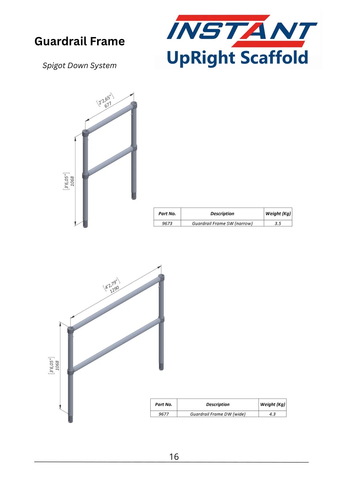 SPAN 400 technical data-sheet page 16 showing Single-Width Spigot-Down Guardrail Frame, Part 9673
