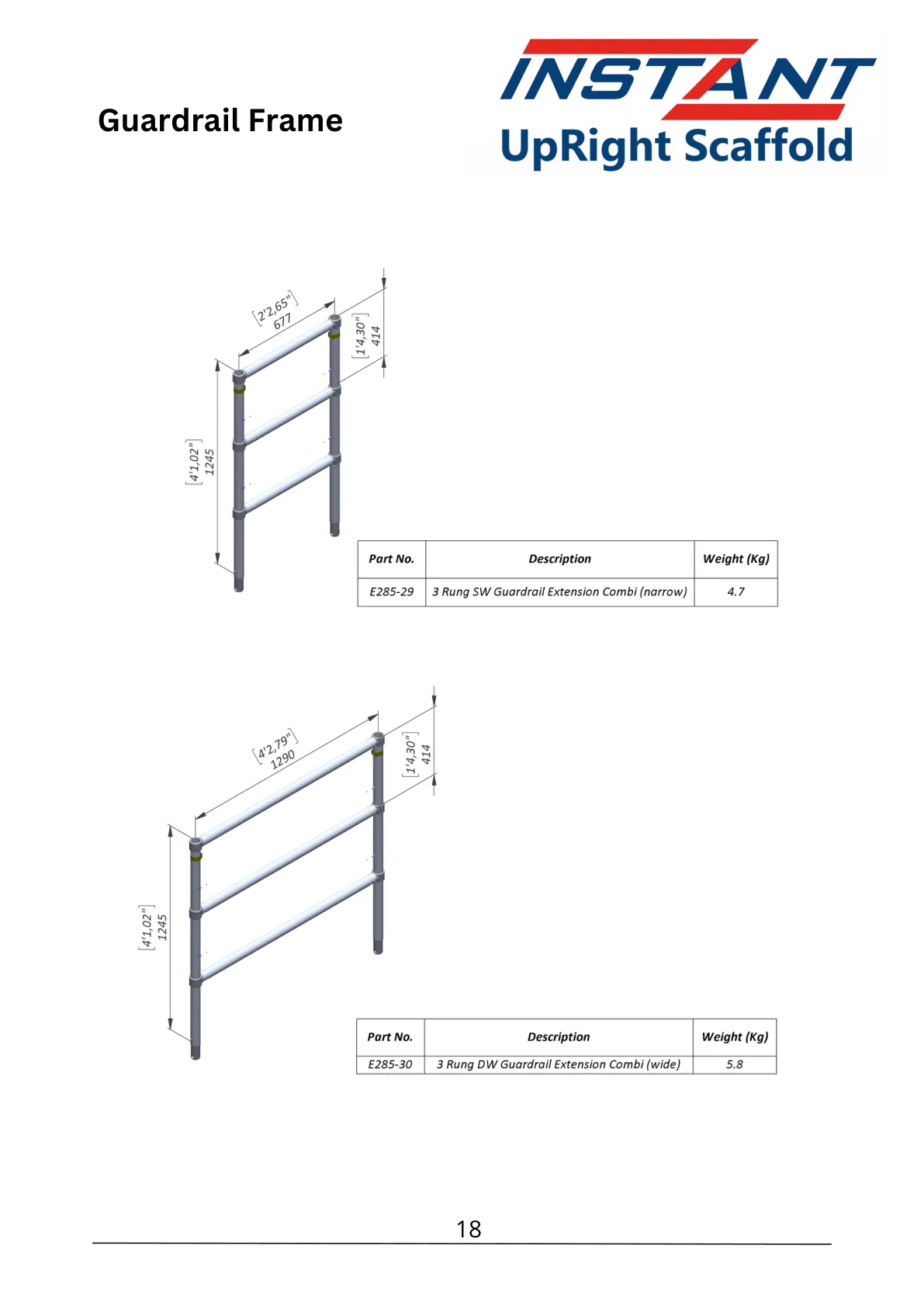 SPAN 400 technical data-sheet page 18 showing Three-Rung Single-Width Guardrail Extension Combination, Part E285-29