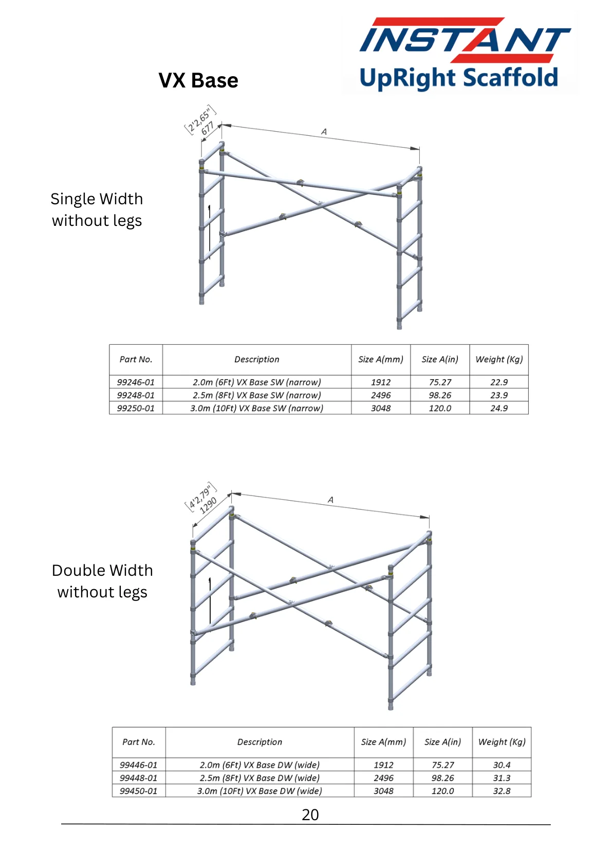 SPAN 400 technical data-sheet page 20 showing 2.0 m Single-Width V-X Base Without Legs, Part 99246-01