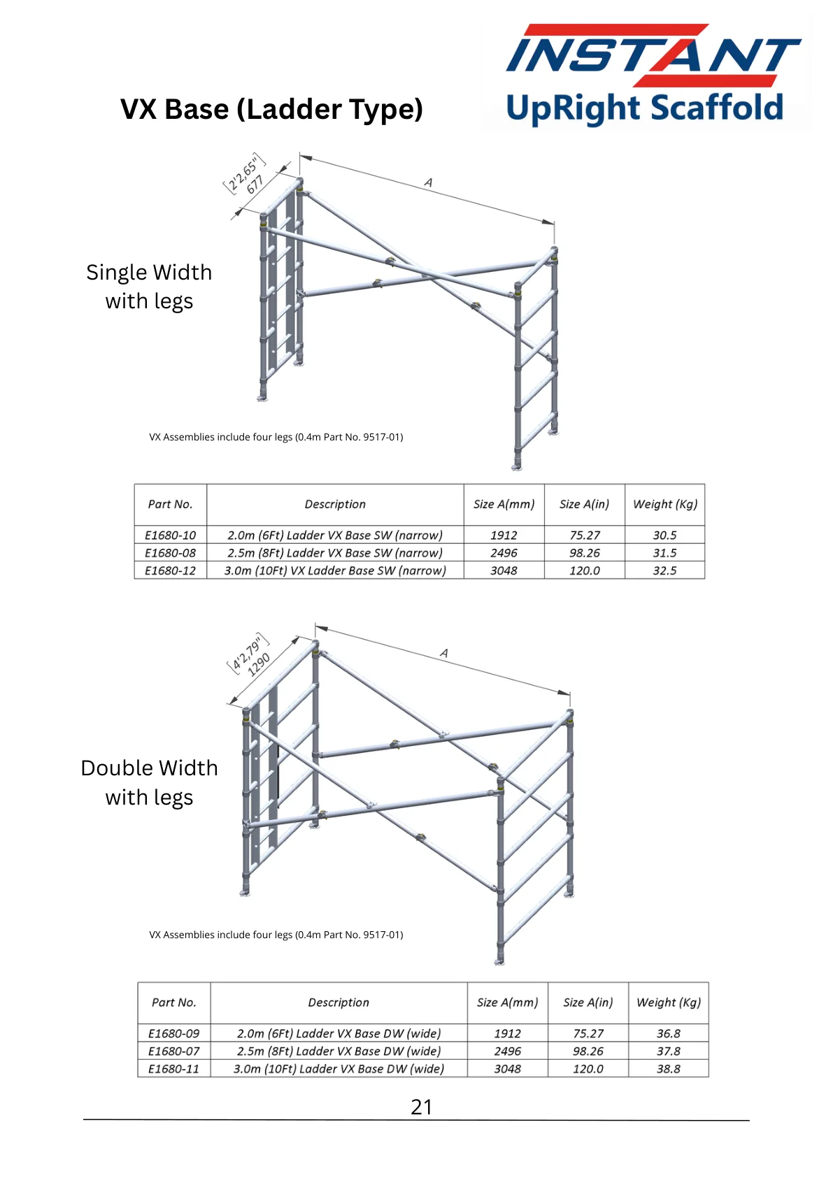 SPAN 400 technical data-sheet page 21 showing 2.0 m Single-Width Ladder V-X Base With Legs, Part E1680-10