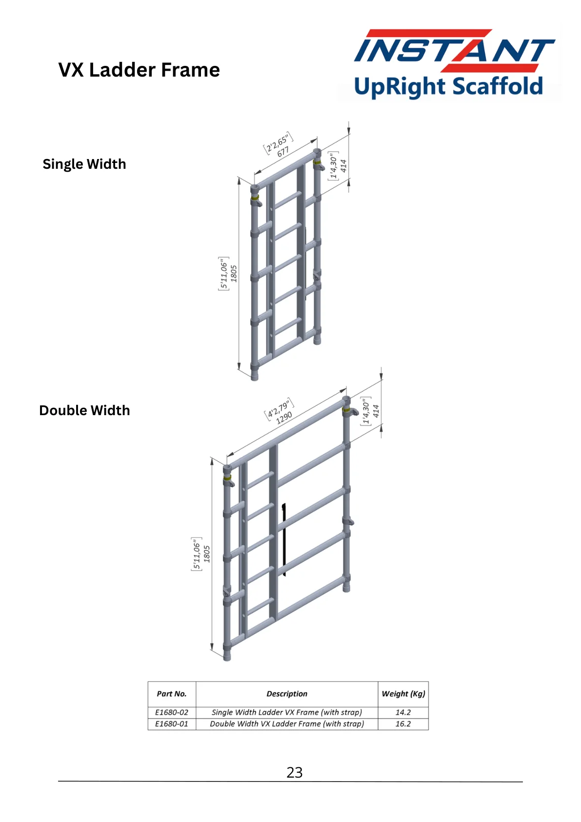 SPAN 400 technical data-sheet page 23 showing Single-Width V-X Ladder Frame with Strap, Part E1680-02