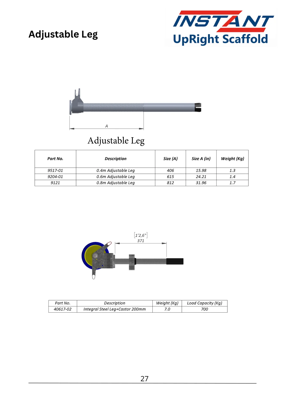 SPAN 400 technical data-sheet page 27 showing Integral Steel Leg and 200 mm Caster Assembly, Part 40617-02